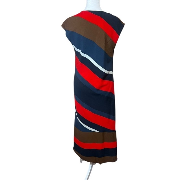 Zara Basic Mod Striped Midi Dress V-Neck Red Navy Fit Flare Long Size Medium - Picture 3 of 8